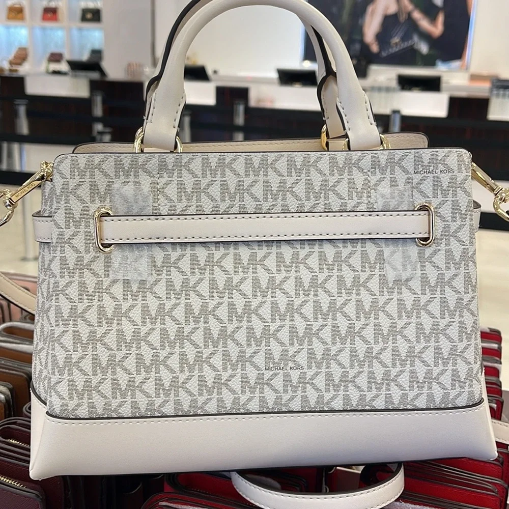 Michael Kors Reed Sm Belted Logo Satchel Crossbody CZip Bag Lt Cream Multi NWT